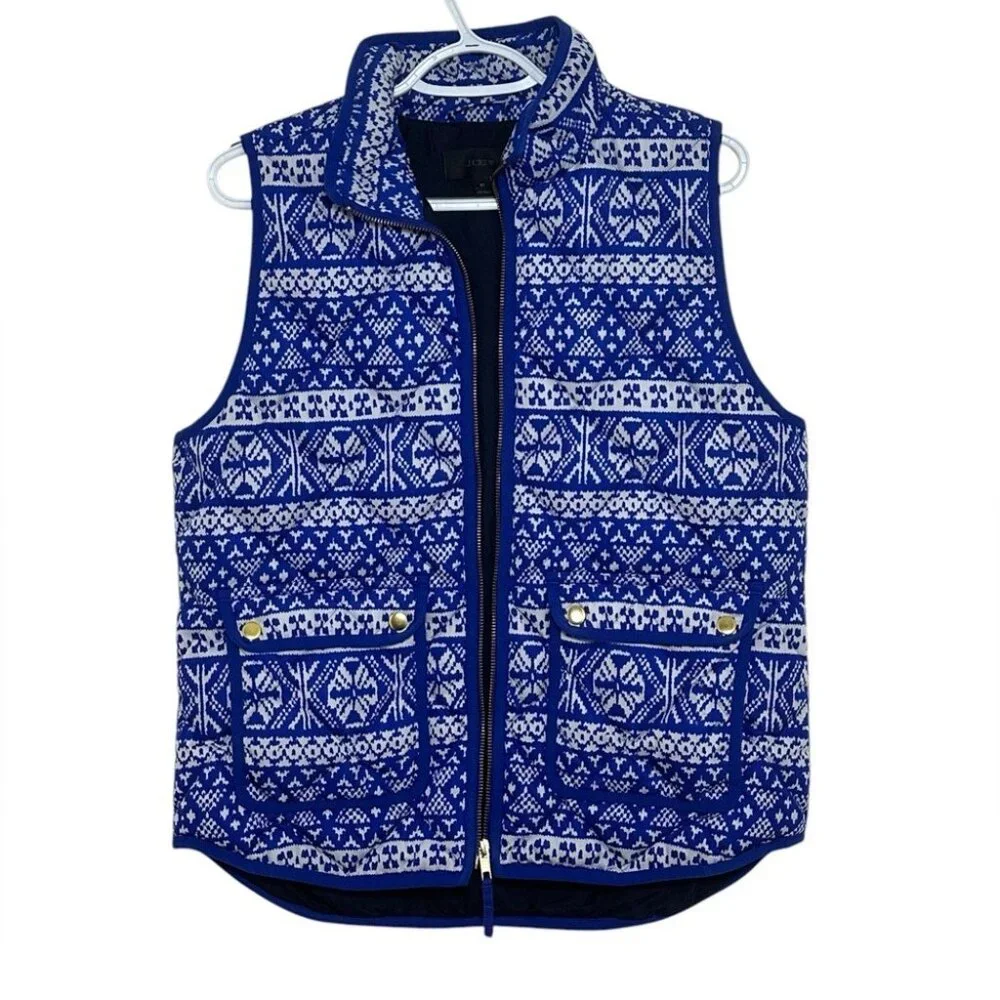 J. Crew Womens Nordic Blue & White Puffer Vest W/ Front Pockets Size M